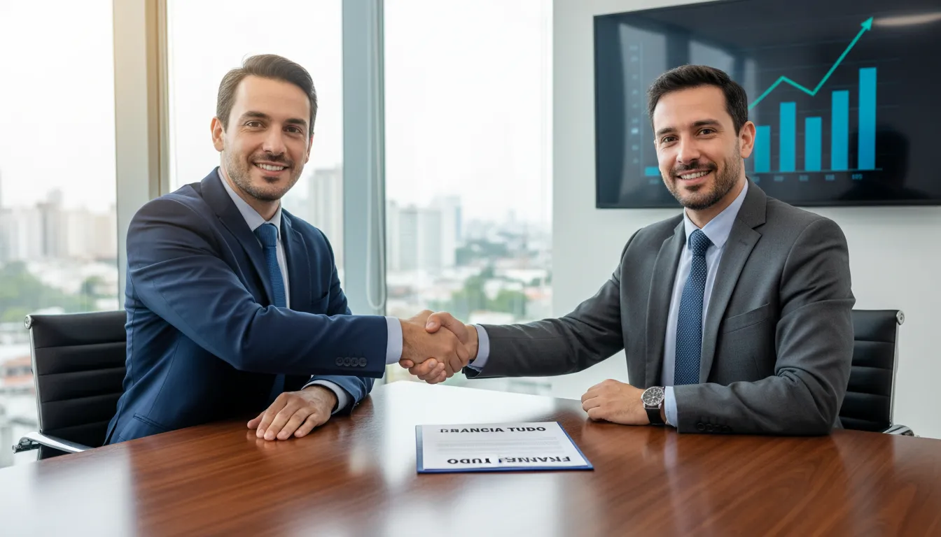 Homem de negócios fechando acordo de financiamento de caminhões com consultor financeiro em ambiente corporativo, simbolizando confiança e crescimento.