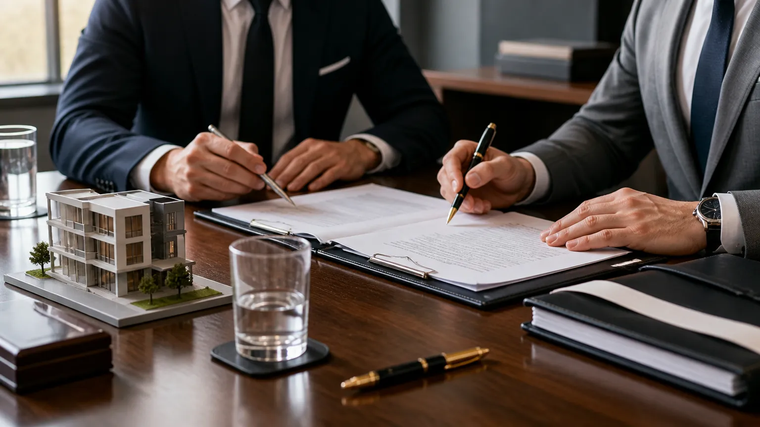Documentos e maquete representando governança e integralização de patrimônio em holding imobiliária familiar.
