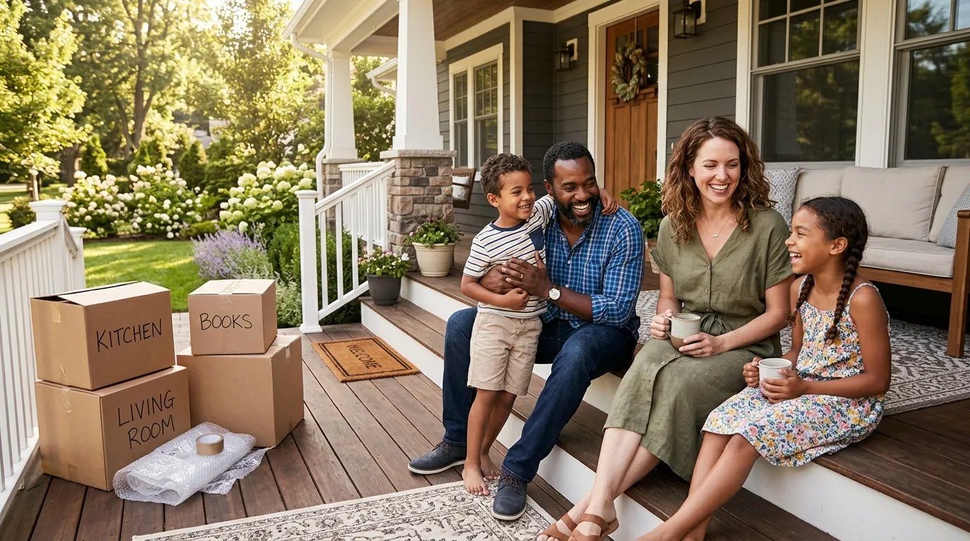 Família em nova casa buscando o melhor estado para morar nos Estados Unidos com economia de impostos.
