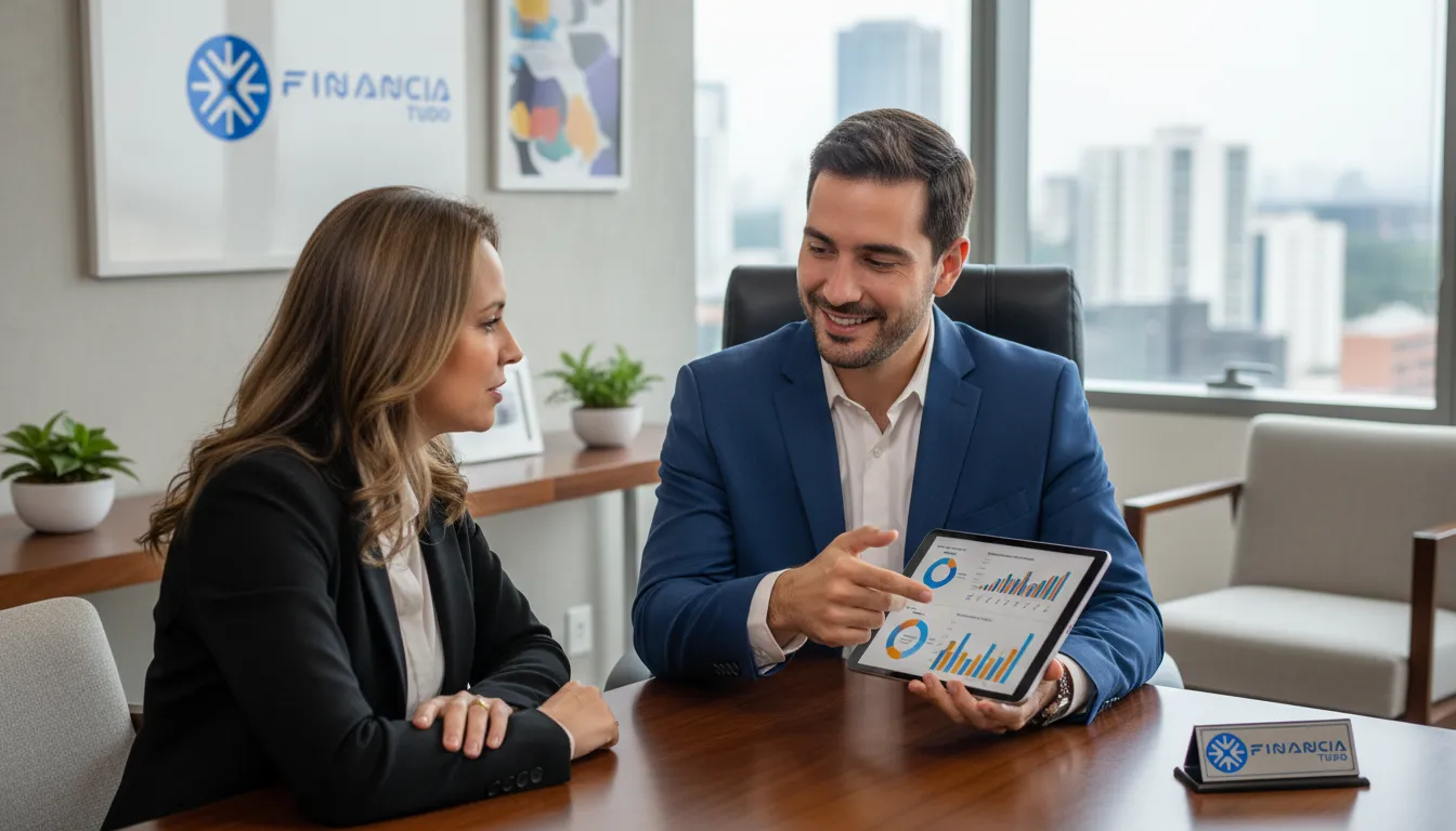 Consultor financeiro explicando opções de empréstimo com carro alienado para cliente, mostrando a expertise da Financia Tudo.