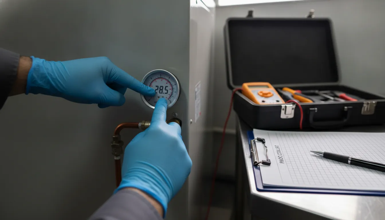 Técnico Veltter verifica equipamento HVAC com precisão, garantindo dados para auditoria PMOC.