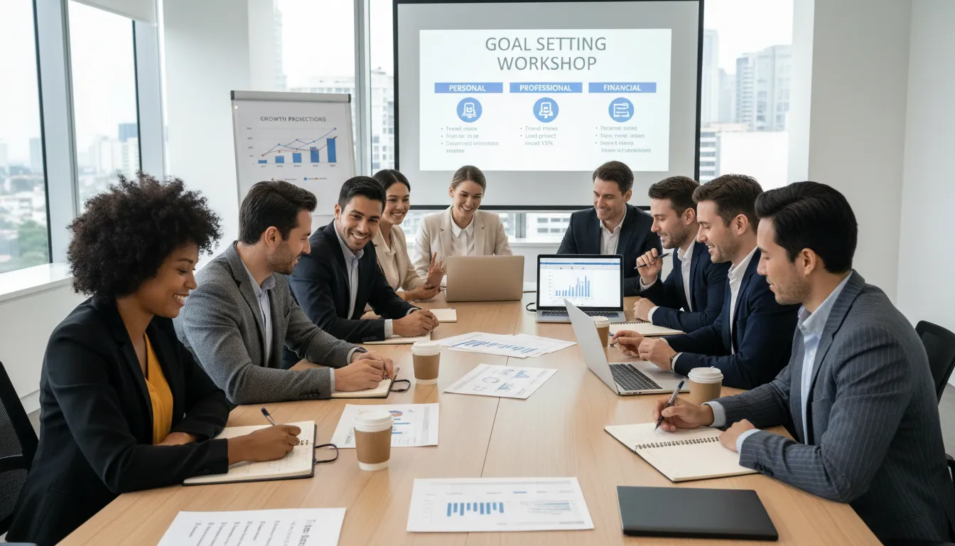 Grupo realizando um workshop para definição de metas em ambiente colaborativo com gráficos e laptops.