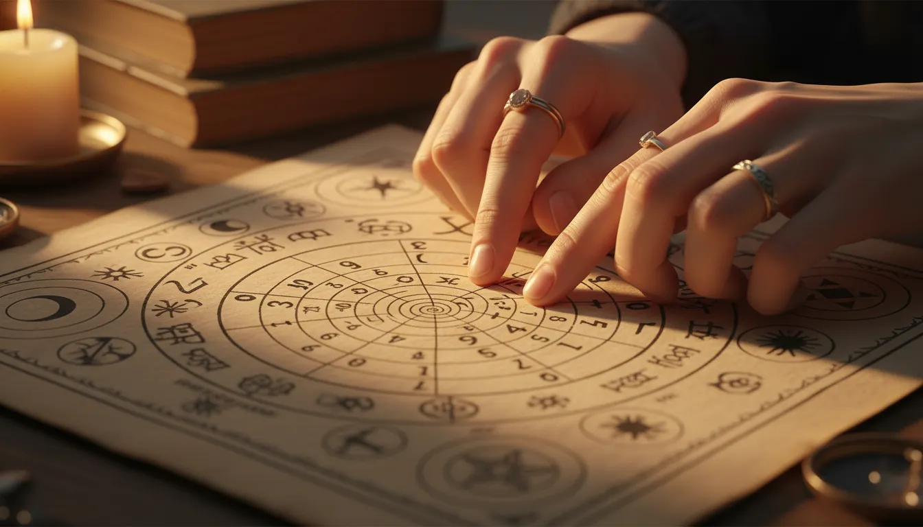 Close-up detalhado das mãos traçando números em um mapa de numerologia, destacando os significados ocultos e as interpretações.