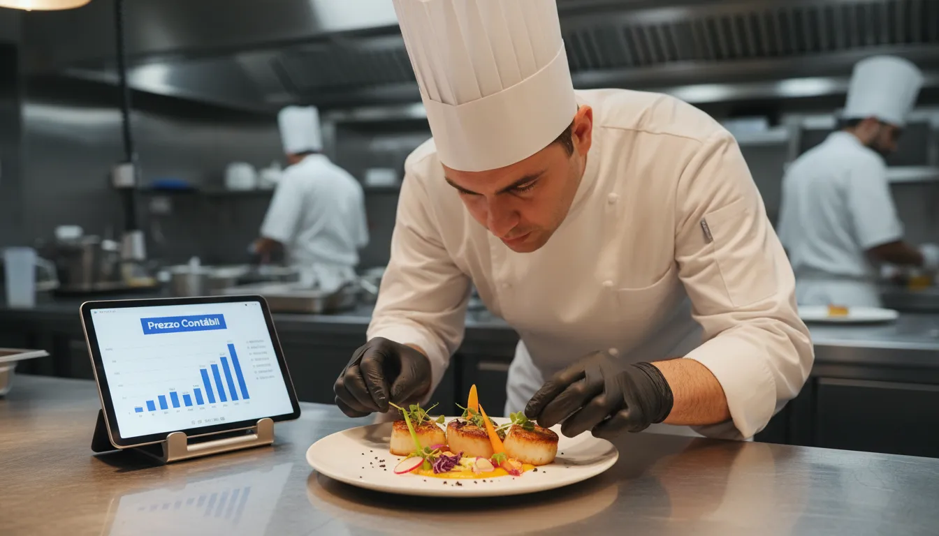 Chef preparando um prato gourmet em uma cozinha profissional, com um tablet mostrando dados financeiros e a logo 'Prezzo Contábil', representando como abrir um restaurante em São Paulo.
