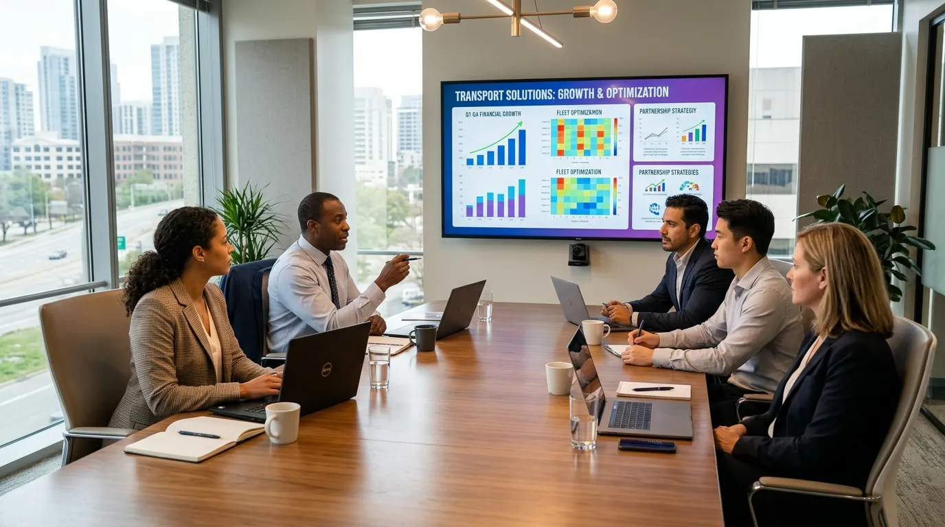 Empresários analisando gráficos de expansão viabilizados por crédito para empresas de transporte com vans comerciais.