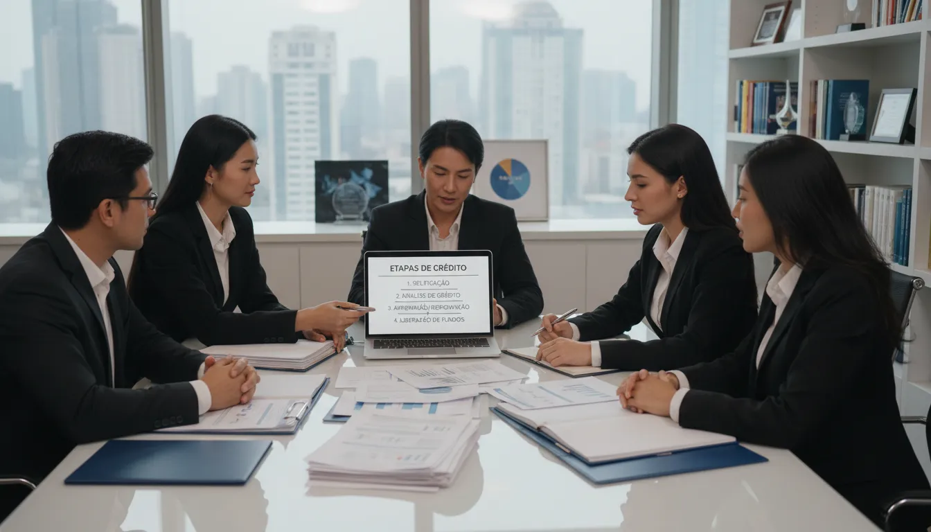 Equipe financeira auxiliando clientes em mesa com documentação e notebook detalhando etapas de financiamento.