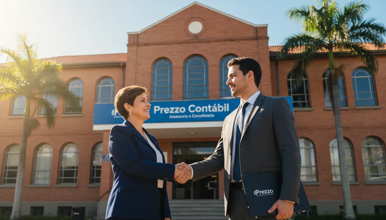 Um diretor escolar feliz apertando a mão de um consultor da Prezzo Contábil em frente a um prédio escolar bem conservado em São Paulo, representando a contabilidade para escolas em sao paulo.