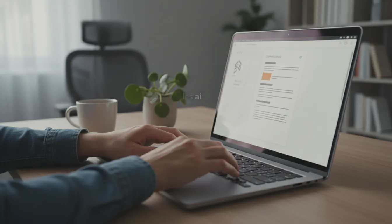 Mão digitando em laptop, usando Airticles.ai para criar marketing de conteúdo otimizado e eficiente.