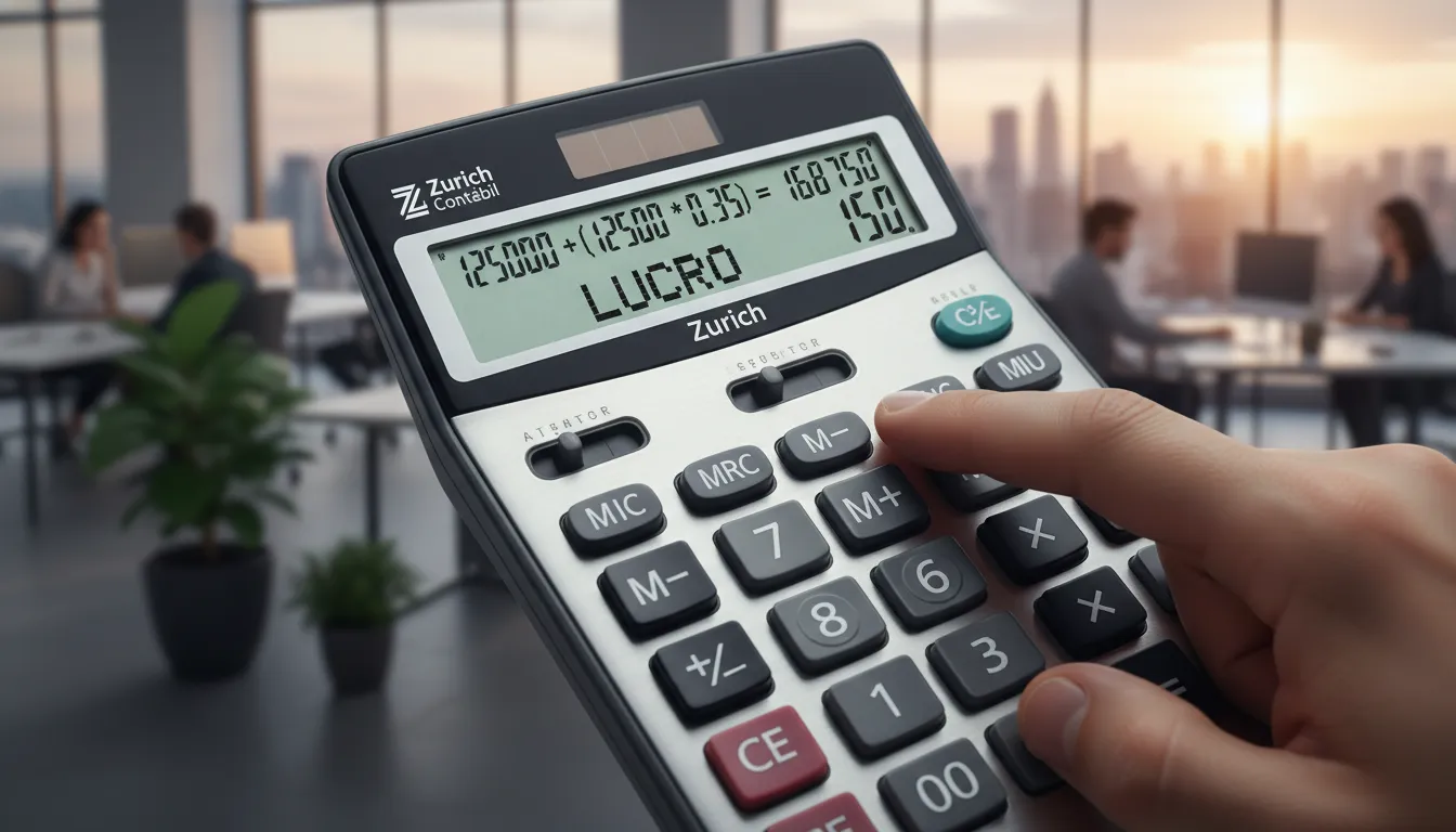 Close-up de uma calculadora mostrando um cálculo de precificação de produtos lucrativo, com o logo da Zurich Contábil e o conceito de lucro em evidência.
