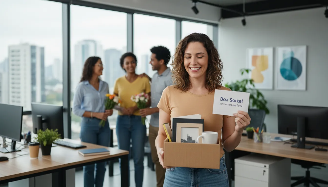 Funcionário brasileiro deixando emprego, aliviado, com colegas ao fundo em escritório moderno realista.