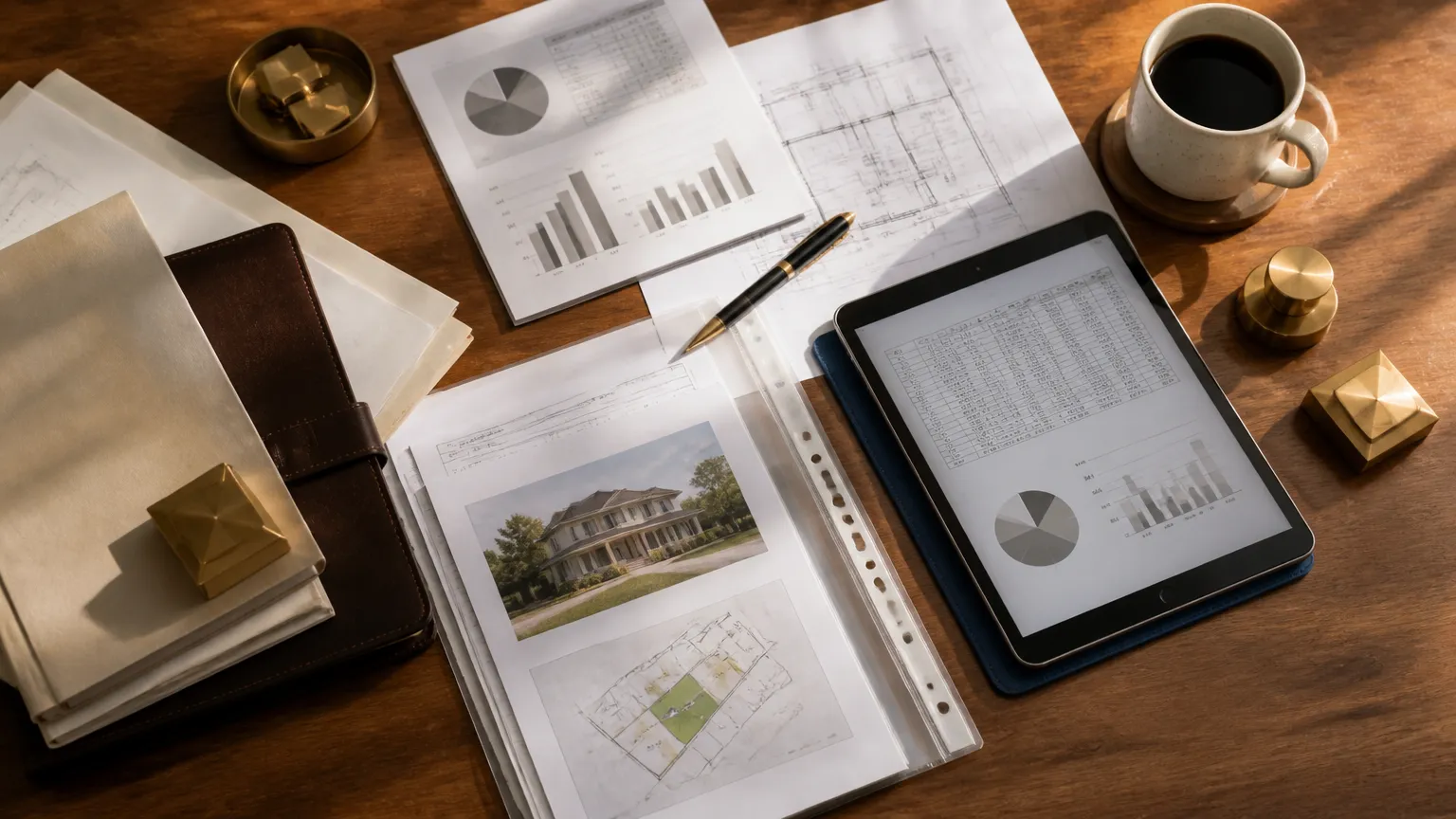 Mesa de trabalho com documentos de planejamento e estruturação de holding imobiliária para renda de aluguel.