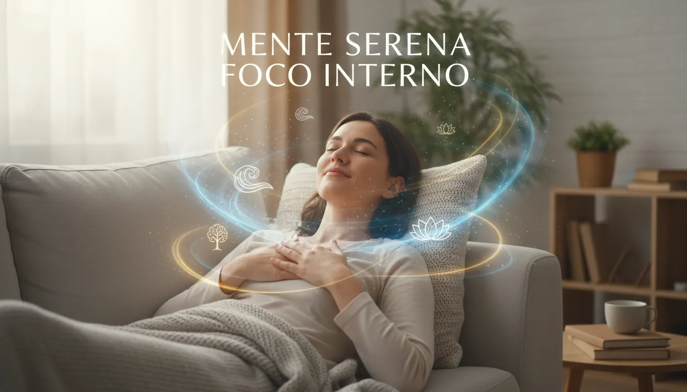 Pessoa relaxando em ambiente doméstico, praticando visualização focada em bem-estar mental.