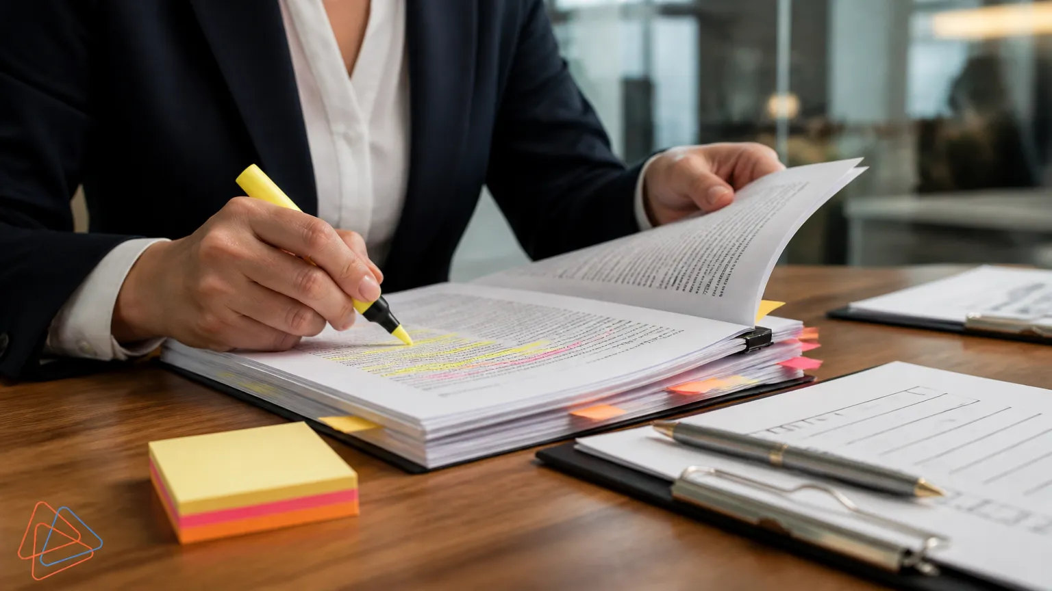 Mapeamento detalhado de documentos em processo de auditoria jurídica preventiva empresarial.