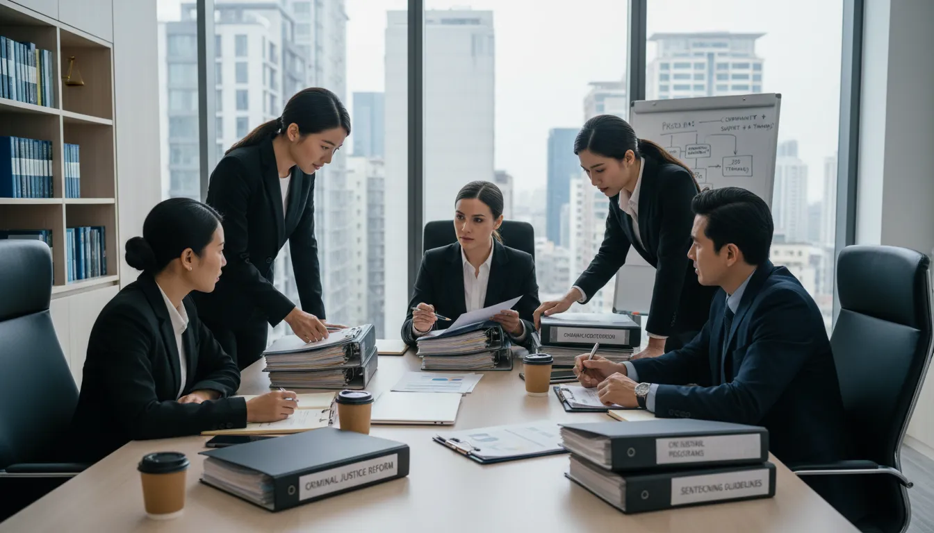 Advogados reunidos discutindo estratégias jurídicas em escritório moderno, enfatizando soluções no Direito Penal.