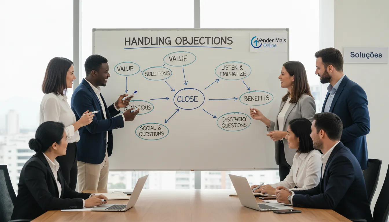 Equipe de vendas colaborando em estratégias para superar objeções, com foco em valor e soluções. Imagem para artigo sobre contorno de objeções e o uso do SPIN Selling.
