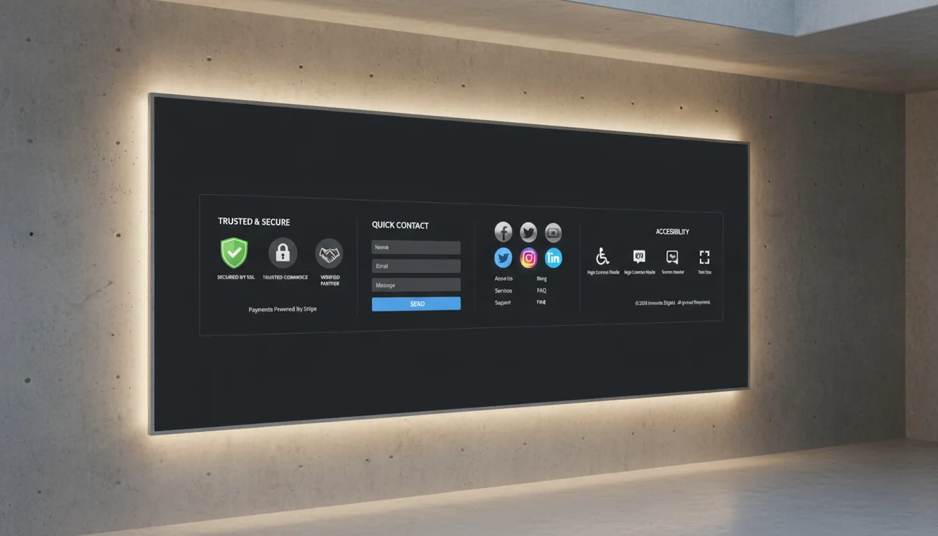 Componentes de Site Essenciais em 2026: Menu, Footer, Header 3 Rodapé de site moderno com selos de confiança, formulário, ícones sociais e opções de acessibilidade