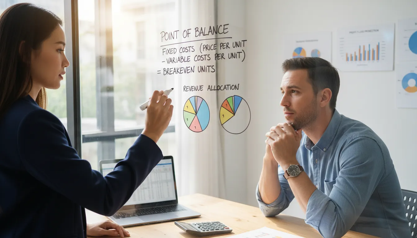 Consultor financeiro ensinando a fórmula do ponto de equilíbrio a empresário, com gráficos e calculadora.