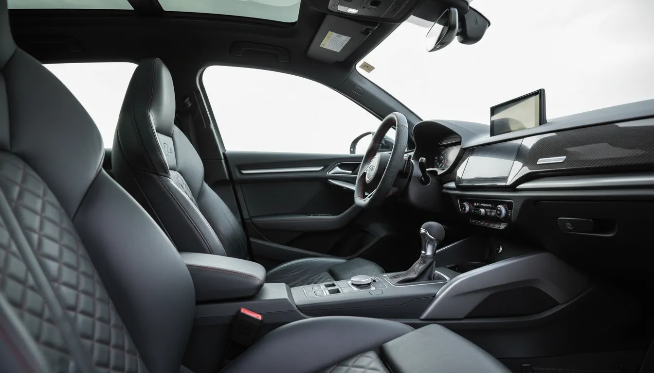 Luxurious interior of an audi rs3 focusing on driver's seat, dashboard, and steering wheel in a soft-lit, inviting environment.