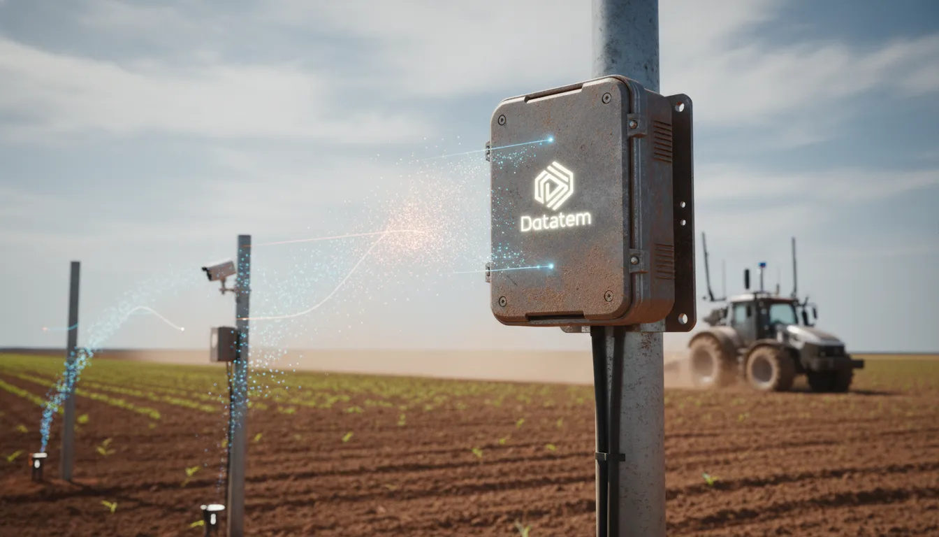 Dispositivo edge computing robusto em campo agrícola, coletando dados de IoT para reduzir latência.