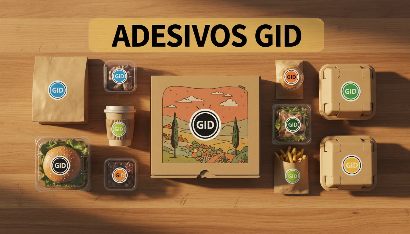 Visão superior de embalagens de delivery com diversos adesivos da GID, mostrando a variedade de aplicações dos adesivos para delivery.
