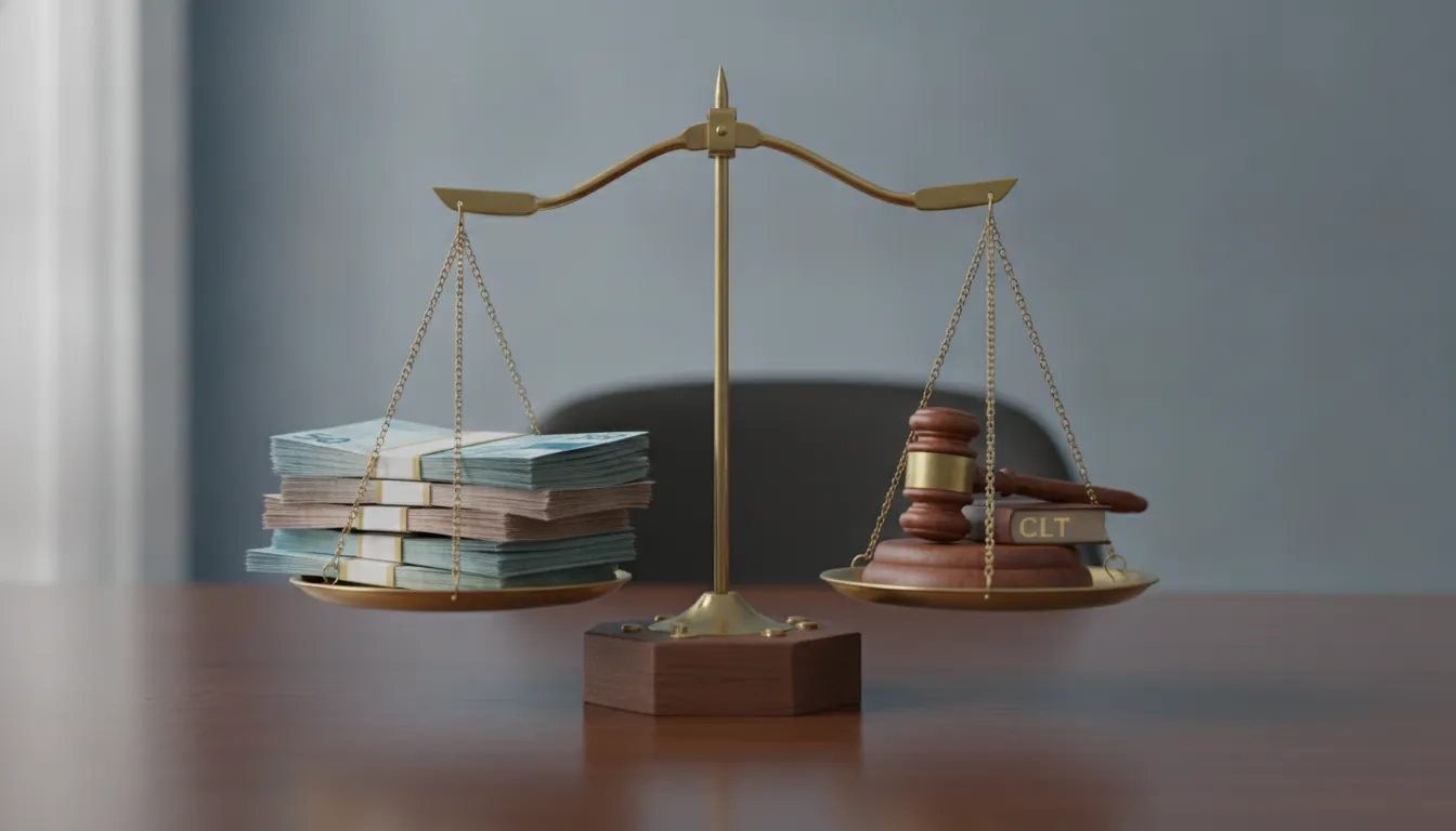 Dinheiro e balança, simbolizando multa 477 CLT e direitos trabalhistas. Forte Advocacia, justiça rescisão.