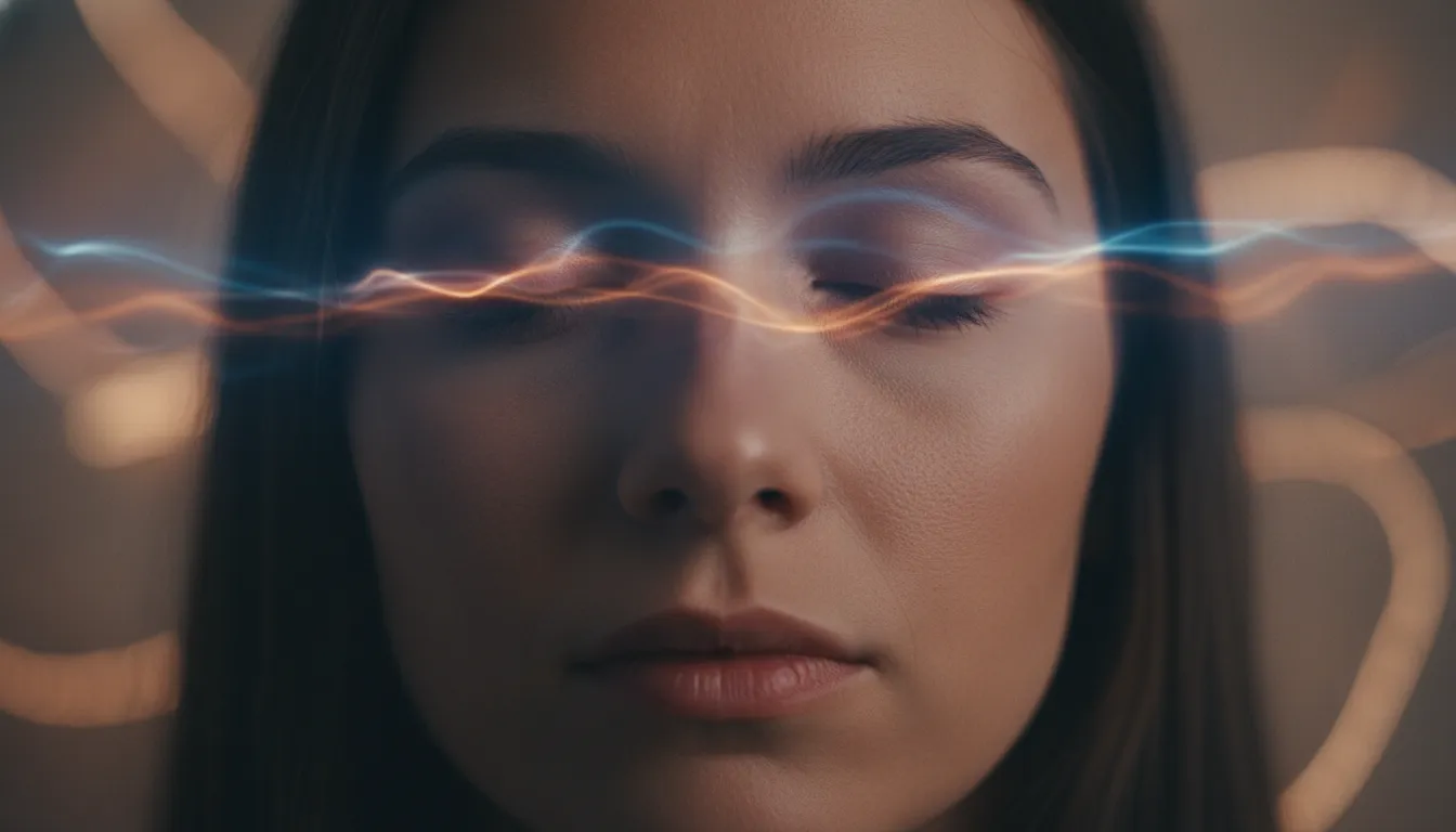 Close-up do rosto de uma pessoa em estado profundo de hipnoterapia, com expressão calma e olhos fechados, focado em sua mente.