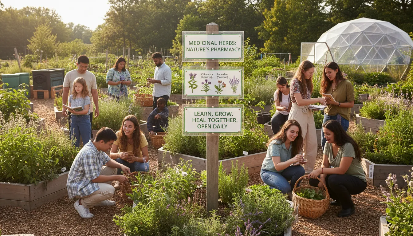 Jardim comunitário com pessoas aprendendo e colhendo plantas medicinais, ambiente ensolarado e educativo.