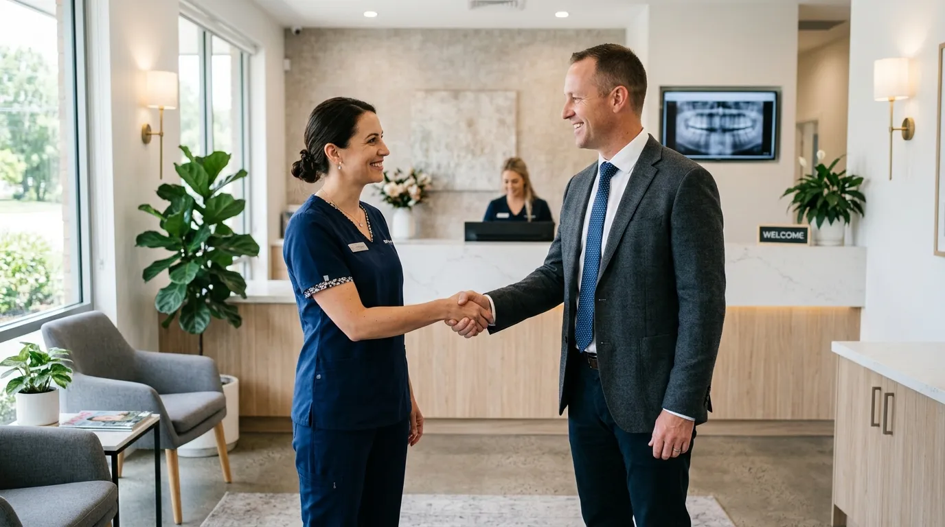 Dentista aperta a mao de consultor de contabilidade para dentistas em recepcao moderna.