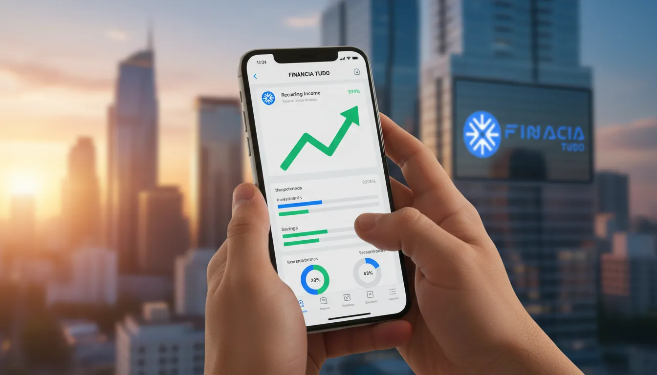 Interface do app Financia Tudo em um smartphone, exibindo renda recorrente indicando crédito e crescimento financeiro.