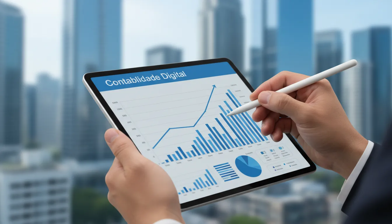 Mãos analisando gráficos financeiros em um tablet, com uma caneta apontando para os dados, simbolizando a análise detalhada de contabilidade digital para o crescimento do produtor digital.