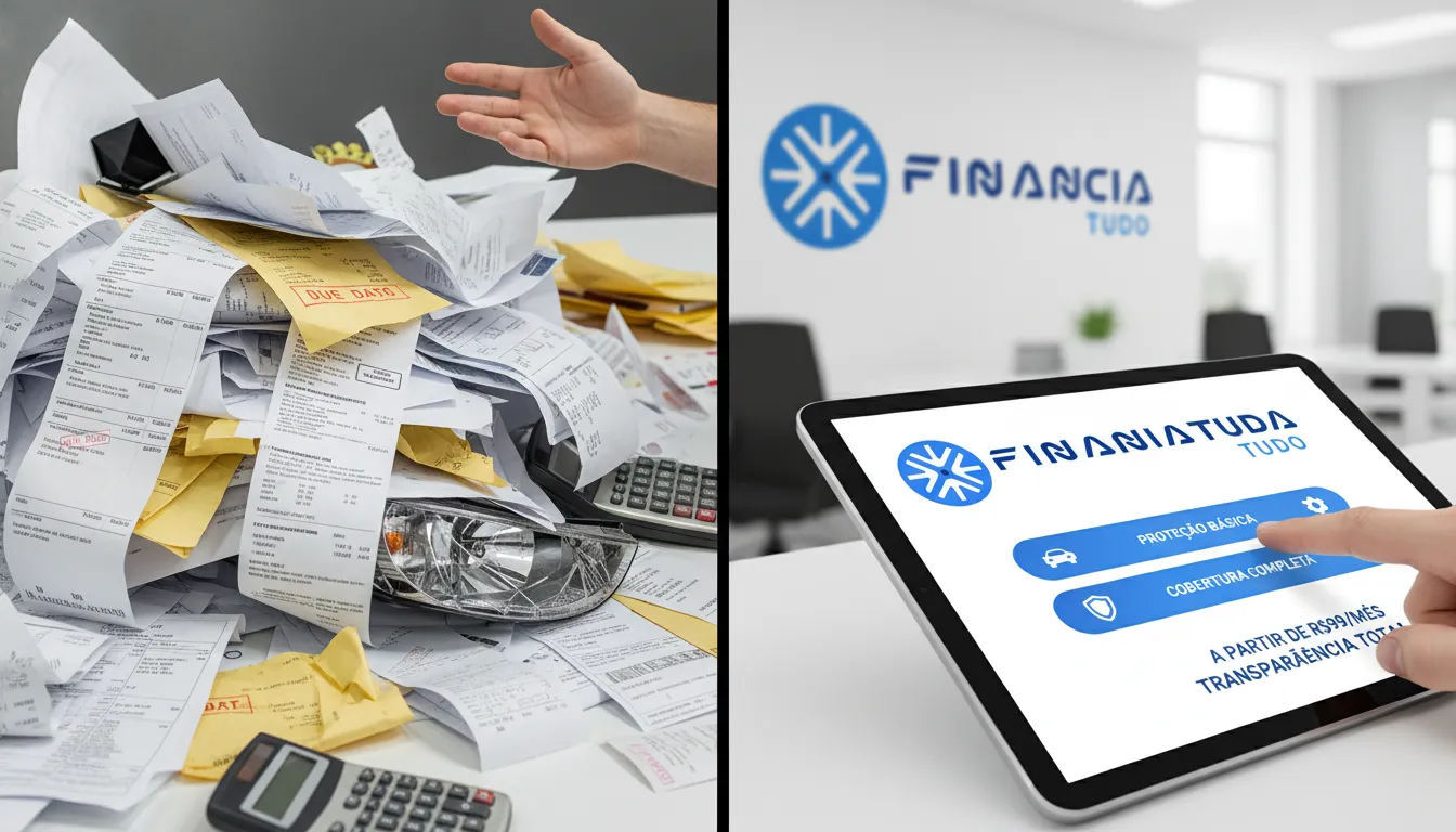 Comparativo visual de como funciona proteção veicular da Financia Tudo versus seguro tradicional, destacando economia e facilidade.
