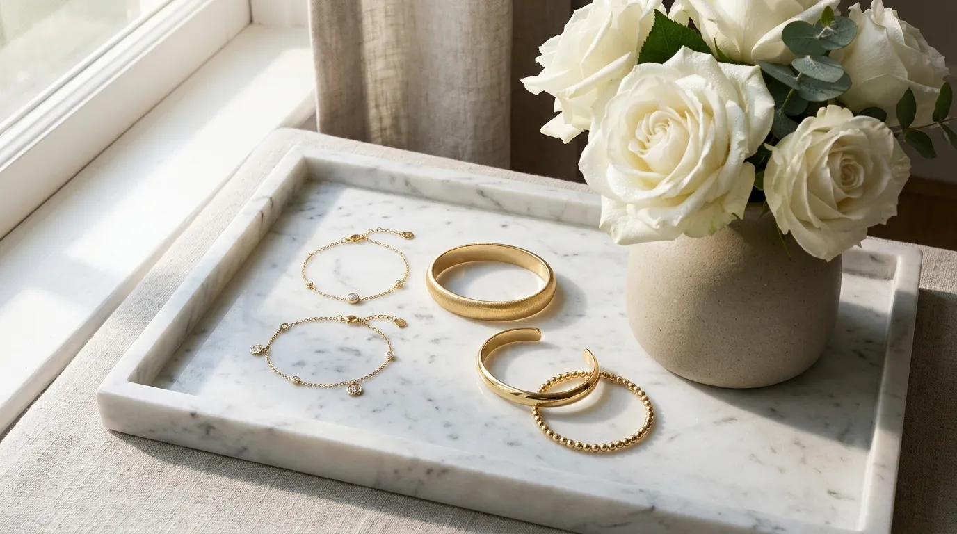 Composição flat lay com elegantes pulseiras de ouro sobre bandeja de mármore.