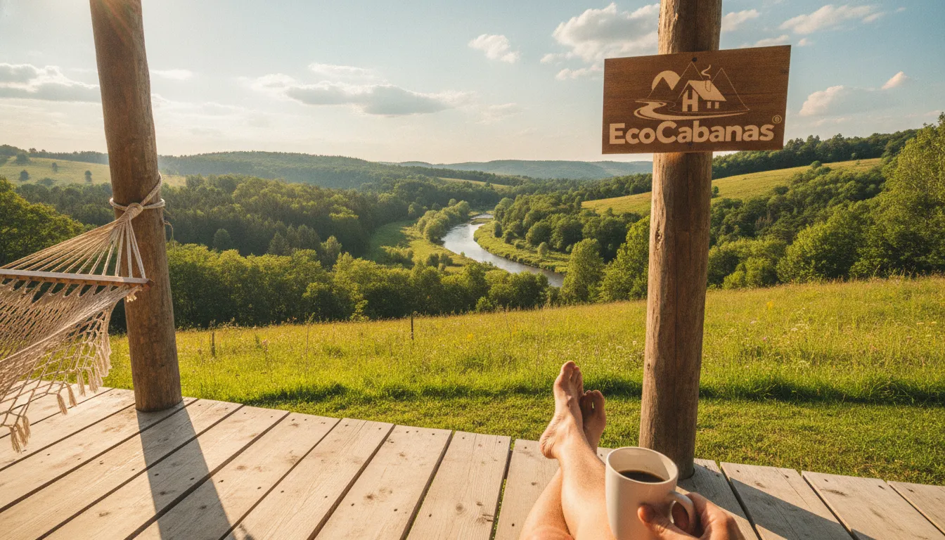 Vista panorâmica da natureza a partir da varanda de uma casa de campo, com colinas e rio, evocando paz.