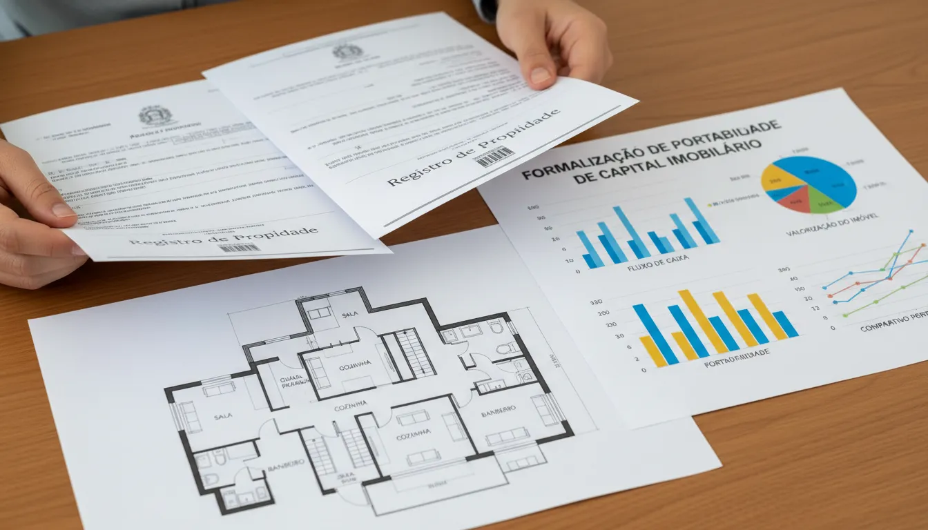 Documentos de cartório, planta de imóvel e gráficos financeiros destacando o processo formal da portabilidade.