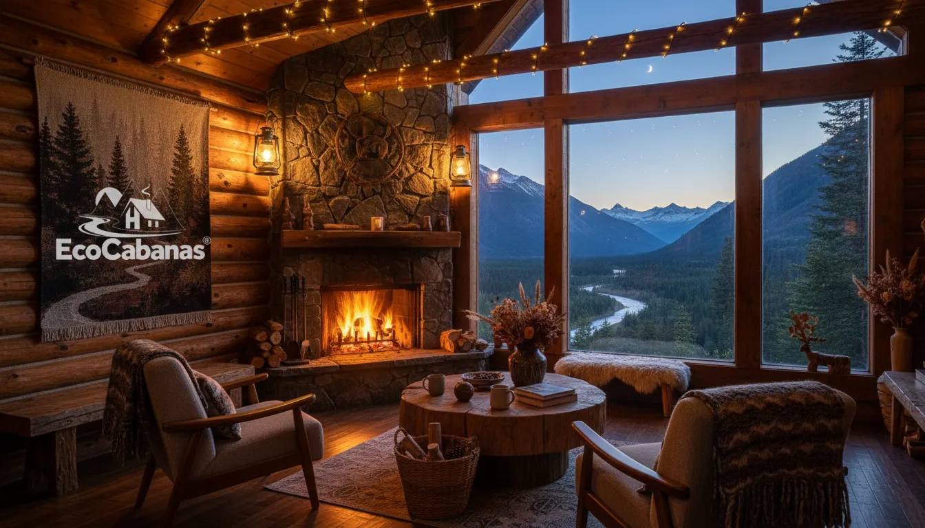 Interior aconchegante de uma cabana de madeira rústica com lareira e vista para as montanhas.