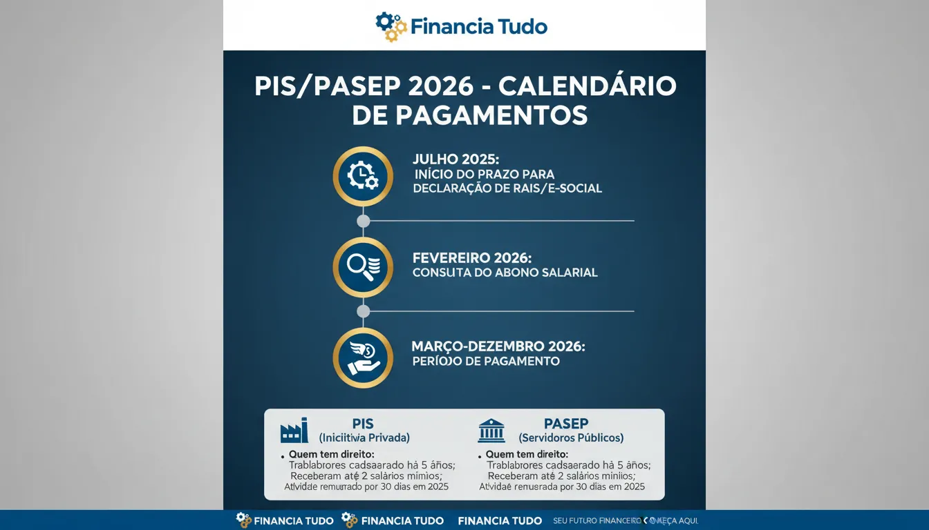 Infográfico detalhado sobre o calendário pis pasep 2026, destacando as datas de pagamento e direitos, com a marca Financia Tudo visível.