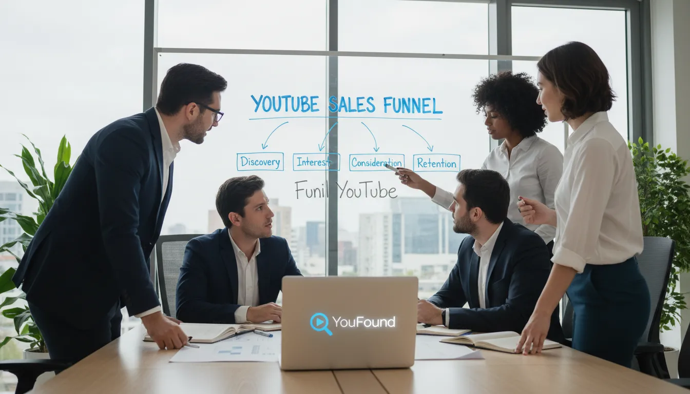 Equipe de negócios planejando um funil de vendas no YouTube em um escritório moderno. Estratégias de funil de vendas.
