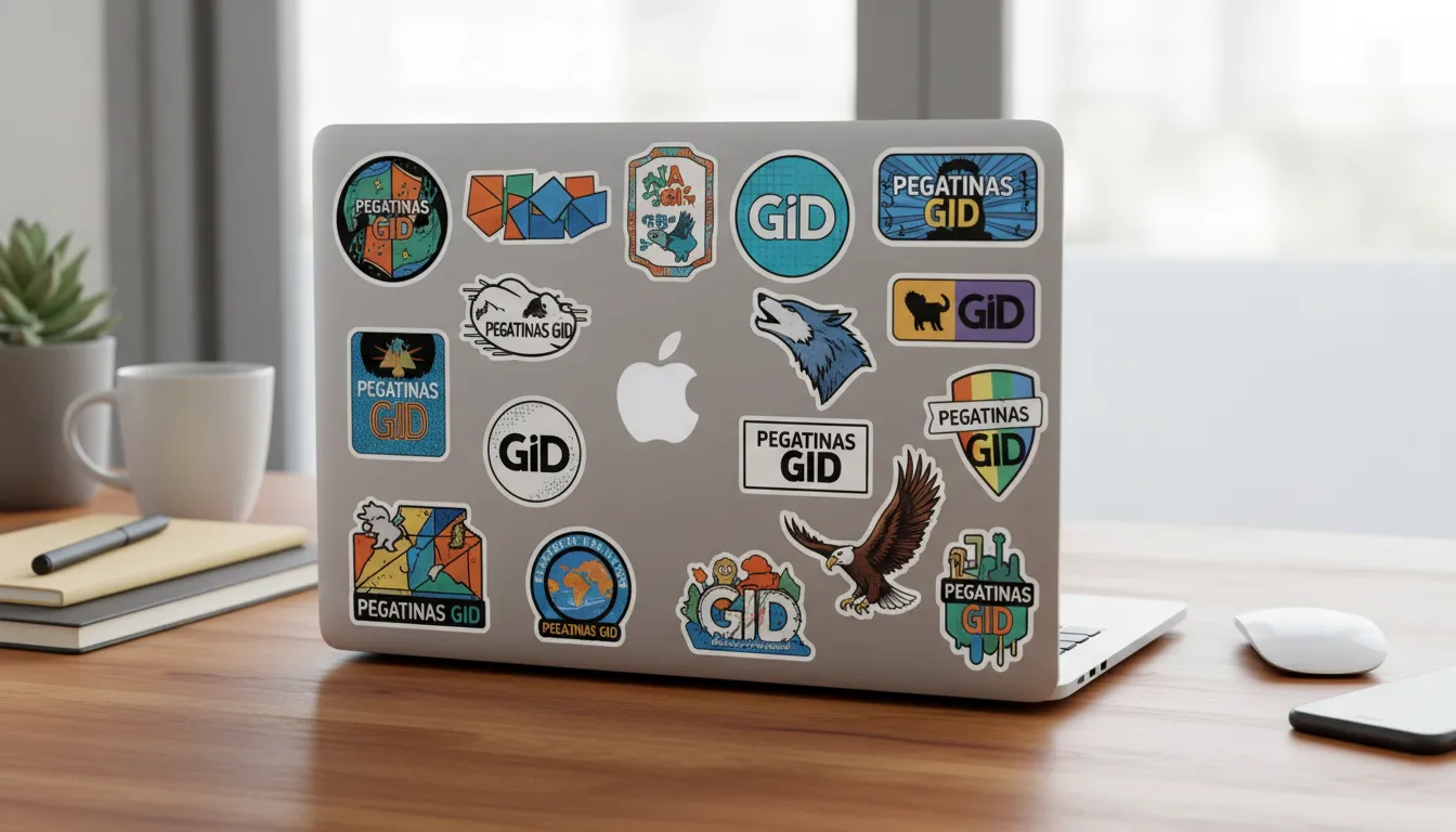 Un portátil decorado con pegatinas personalizadas de GID, mostrando diferentes diseños y aplicaciones.