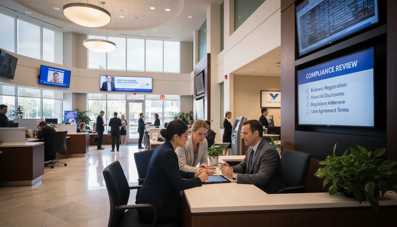 Empresários em serviço de consultoria bancária realizando abertura de conta em agência nos EUA