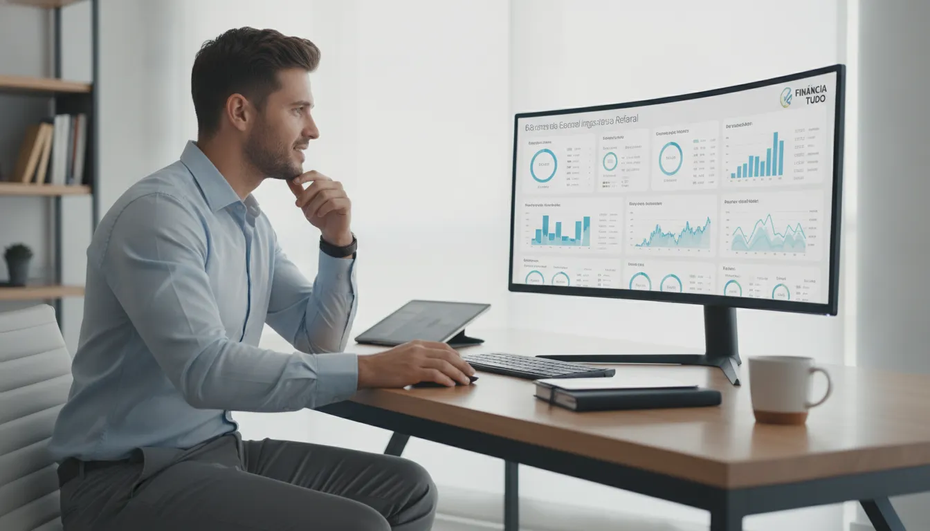 Influenciador analisa ganhos como afiliado financeiro, observando relatórios de receita com indicações.