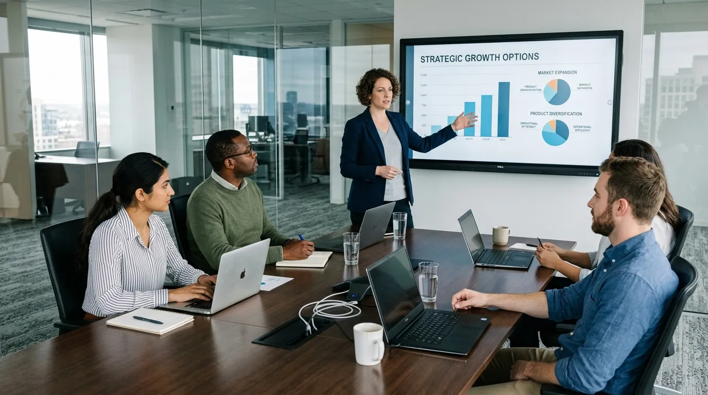 Consultor financeiro explicando estratégias de quando expandir uma empresa em reunião de negócios.