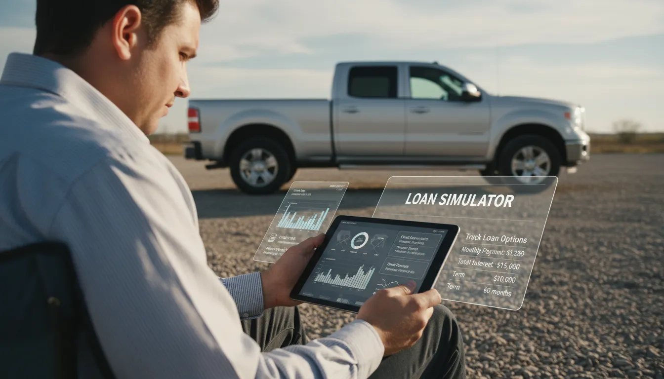 Pessoa simulando opções de empréstimo em tablet ao lado de caminhão, destacando planejamento financeiro e tecnologia.