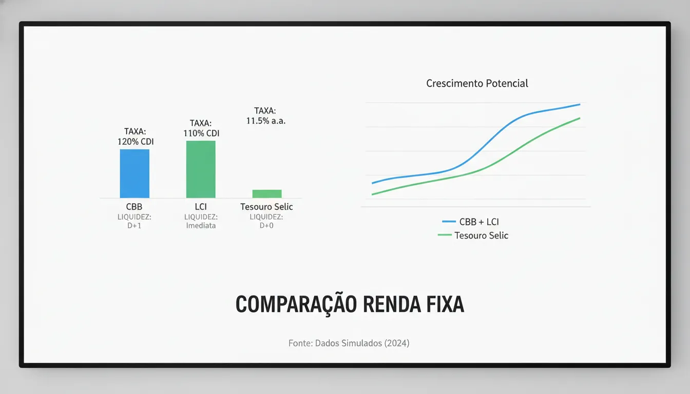 Painel digital comparando investimentos com destaque para rentabilidade e liquidez das opções