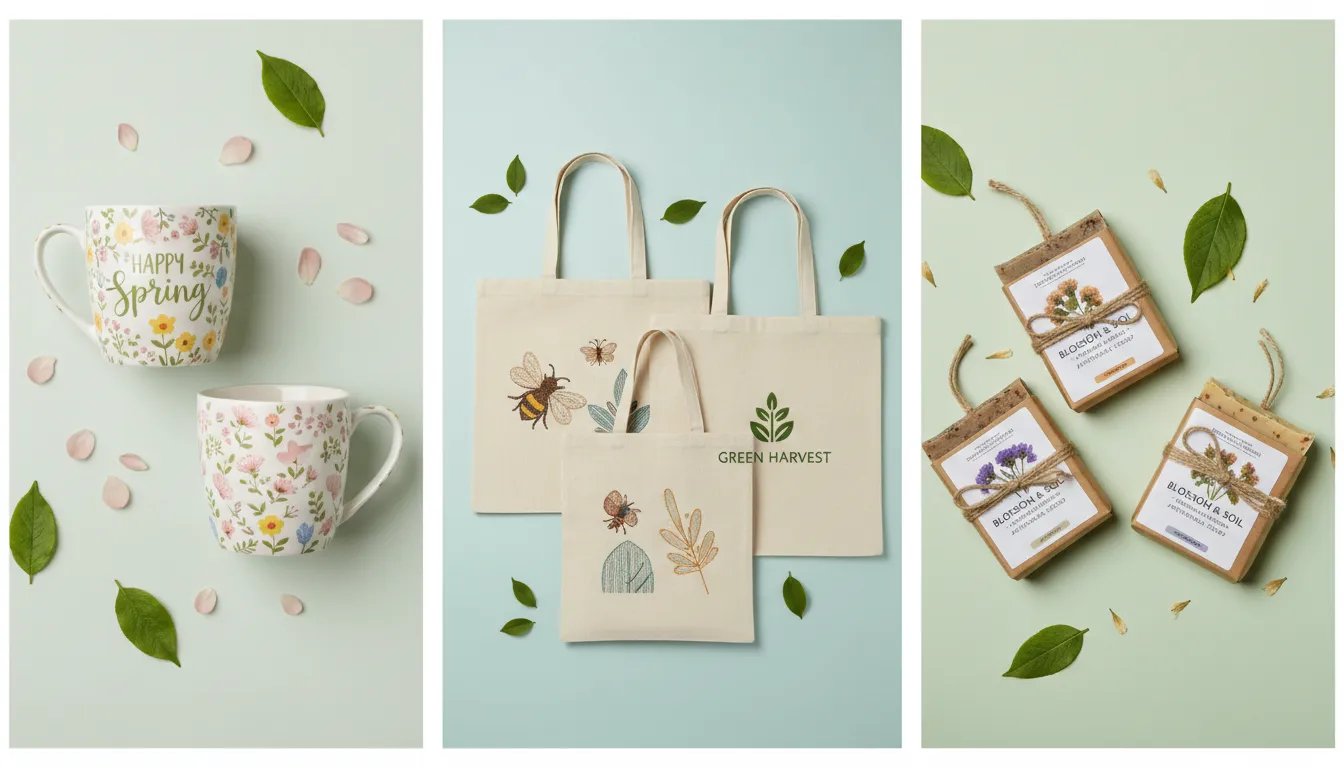 Brindes de primavera como canecas, eco bags e sabonetes artesanais dispostos de forma criativa com pétalas