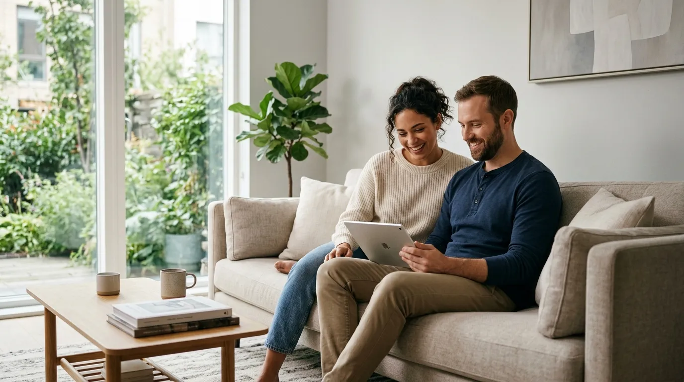 Casal feliz analisando finanças no tablet descobrindo como reorganizar dívidas pendentes.
