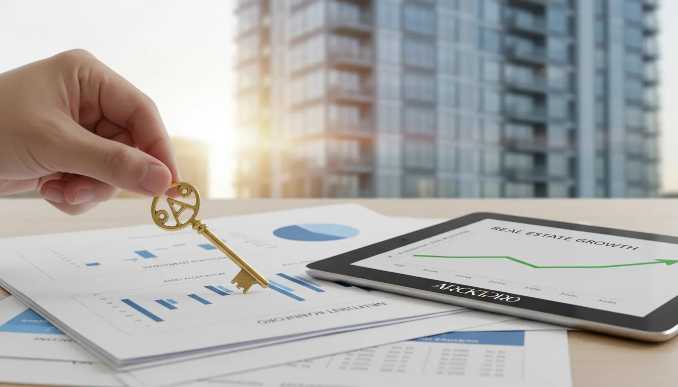 Mão coloca chave dourada sobre documentos financeiros, representando investimento imobiliário seguro e proteção de capital.
