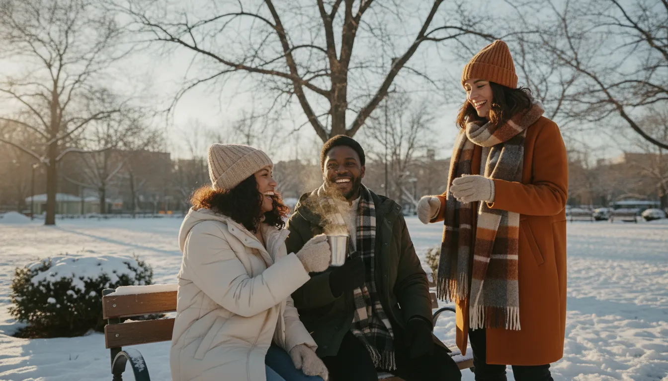 Grupo diverso sorrindo inverno, praticando atividades para bem-estar e saúde mental.