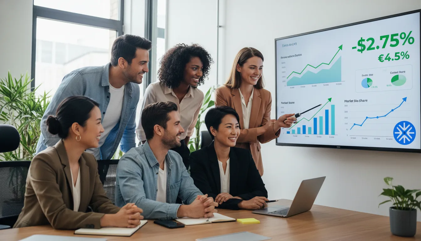 Equipe comemorando o sucesso financeiro de um projeto, após escolherem a melhor opção entre crédito com garantia ou financiamento.