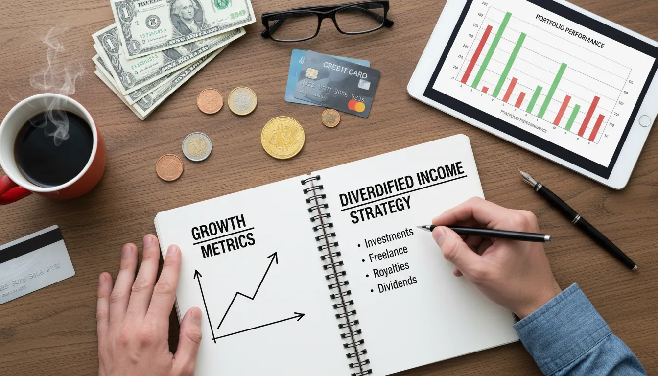 Mesa com caderno de anotações, gráficos e moedas, ilustrando planejamento e múltiplas receitas.