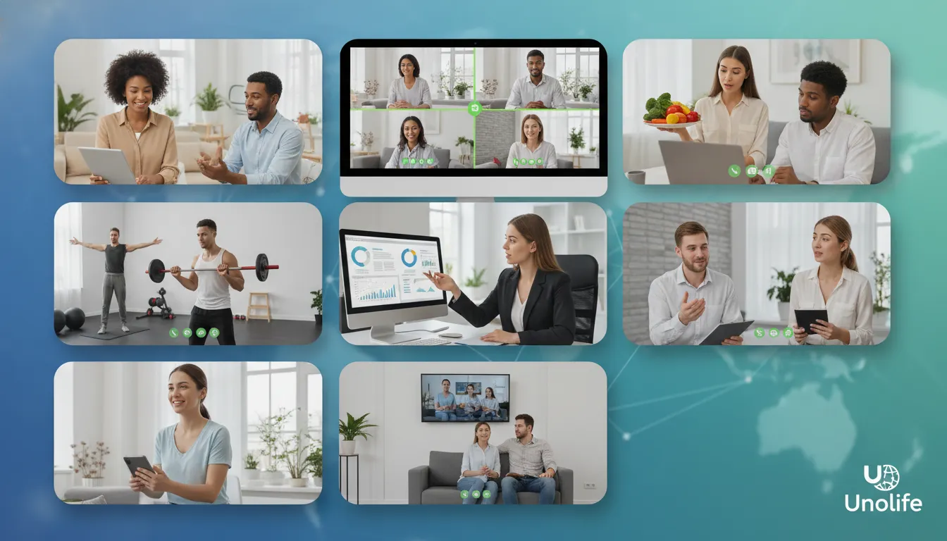 Uma colagem de modalidades de terapias online em 2026, incluindo aconselhamento, nutrição, treinamento, orientação jurídica e consultoria financeira acessíveis.